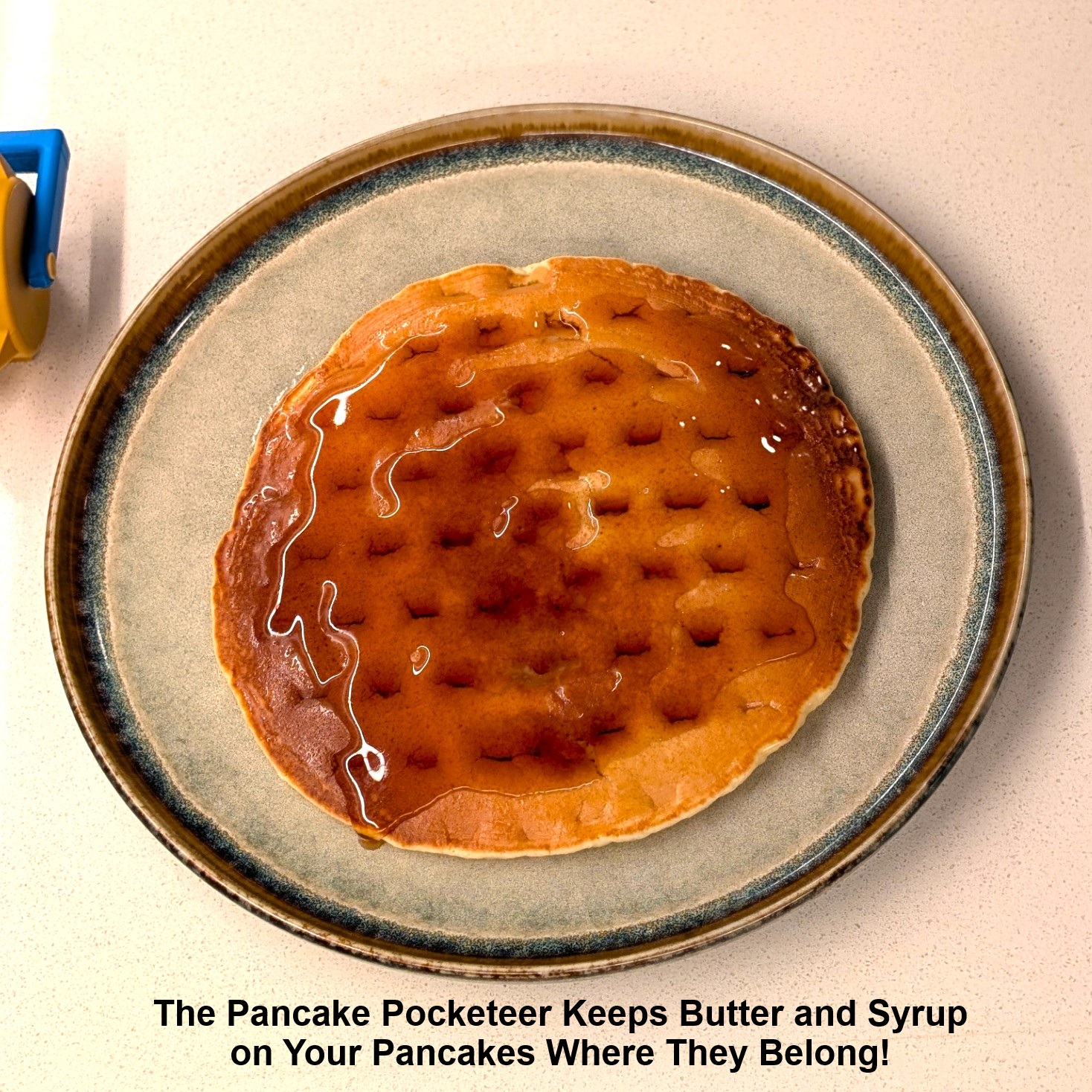 Pancake with small pockets holding butter and syrup