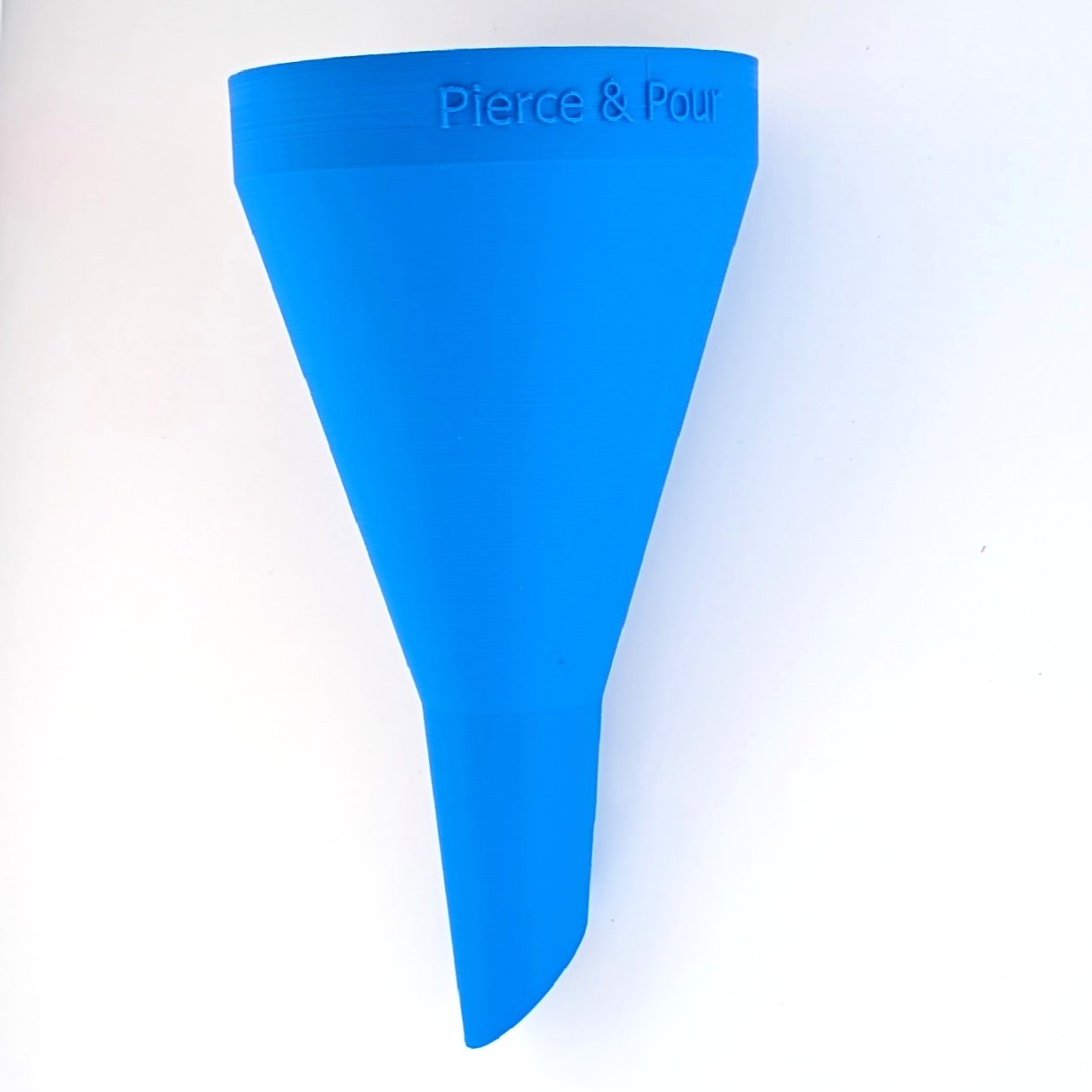 Front view of the blue Pierce and Pour funnel with embossed name